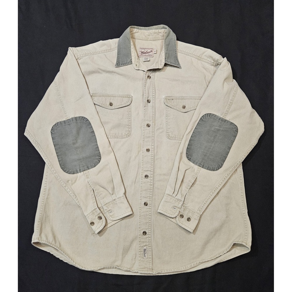 Vintage Woolrich Cotton Button Down Shirt With Elbow Guards Size XL Beige